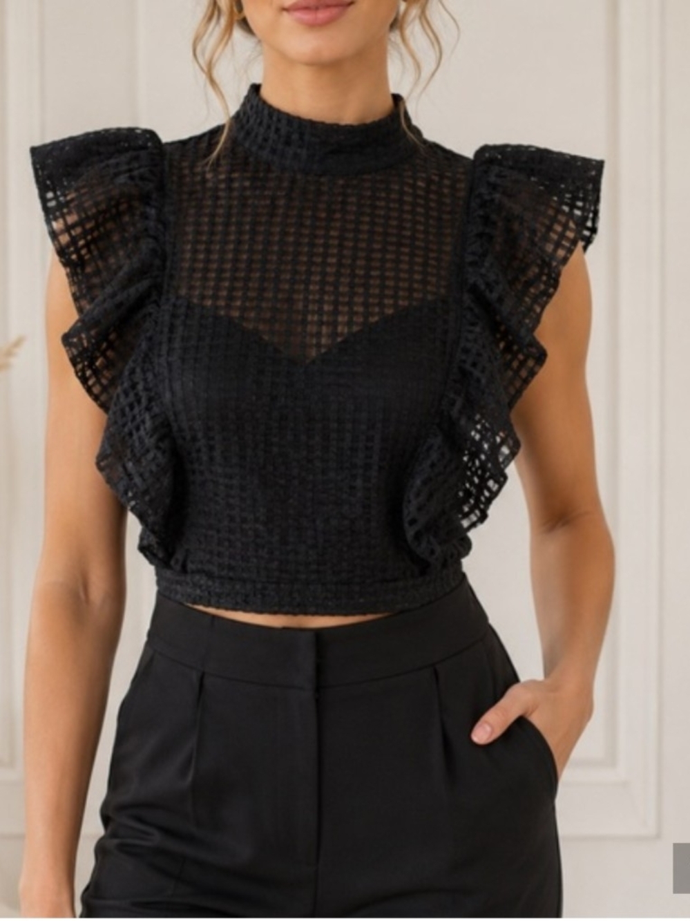 Anthropologie Black Lace Ruffle Crop Camisole